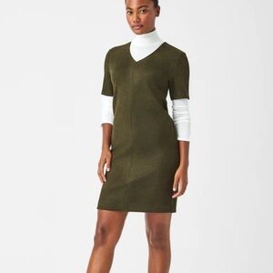 Spanx Faux Suede Column Dress Utility Green Size M  NWT V Neck Pullover